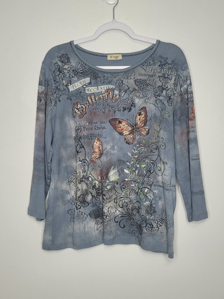Cactus Blue 3/4 Sleeve Butterfly Art To Wear Paris Botanical Art Moody Boho Top